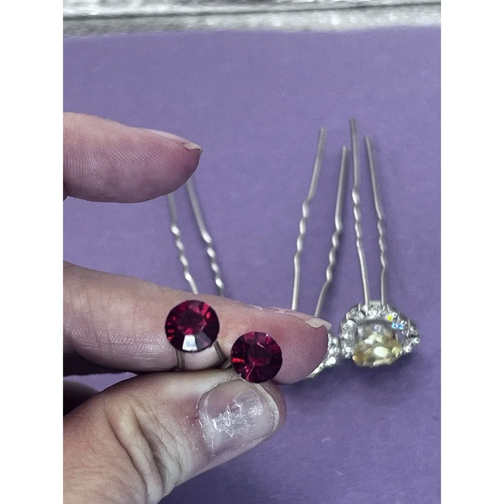 Lovely Vtg Rhinestone‎ Hair Pins Fork Stick LOT of 5 Multi Color Arts Heart